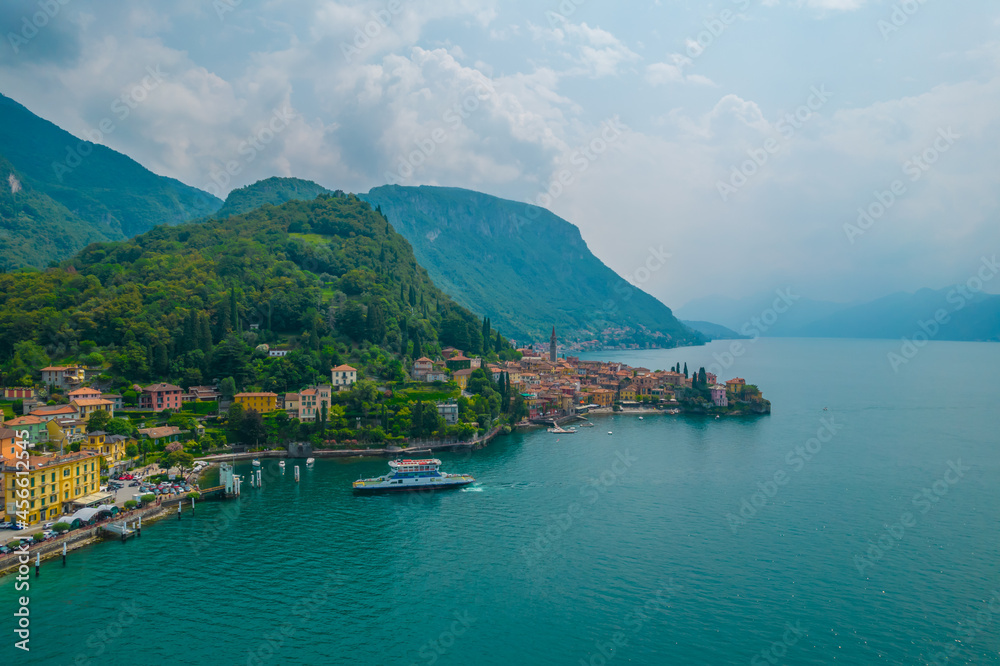 Aerial view of Varenna village. Varenna is a picturesque and traditional village, located on the eastern shore of Lake Como, Italy