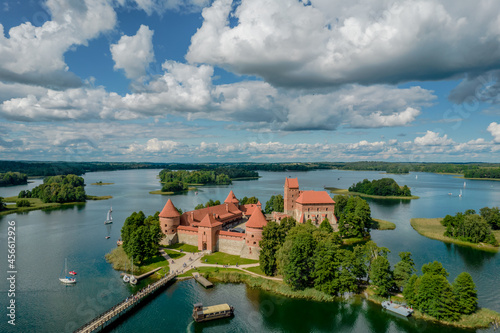 Aerial view of Trakai Island Castle - a medieval gothic castle located in Lithuania, on an island in Lake Galve. The construction begun in the 14th century and around 1409 major works were completed
