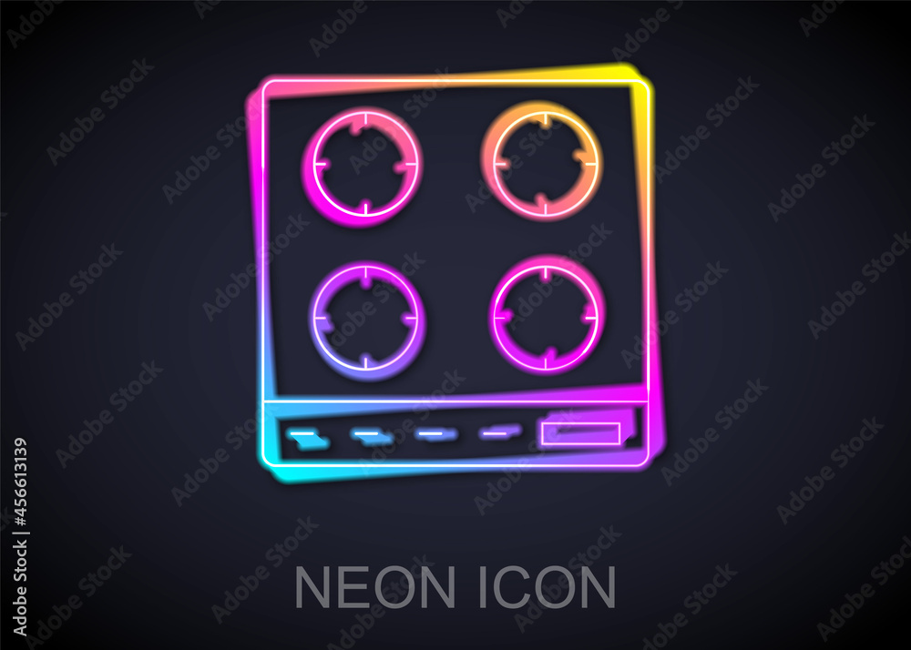Glowing neon line Gas stove icon isolated on black background. Cooktop sign. Hob with four circle burners. Vector Glowing neon line Gas stove icon isolated on black background. Cooktop sign. Hob with four circle burners. Vector
