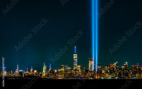 New York City skyline with 09/11 tribute lights