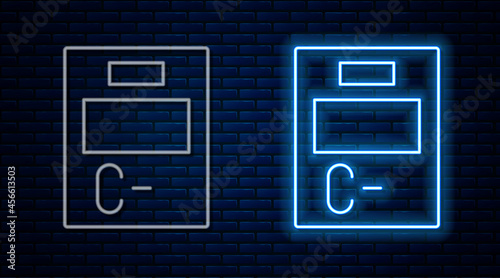 Glowing neon line Exam paper with incorrect answers survey icon isolated on brick wall background. Bad mark of test results. Vector