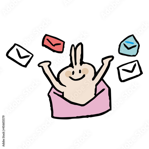 メールに囲まれるうさぎのシンプルなイラスト