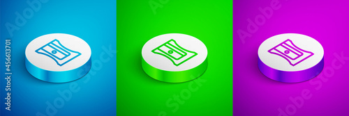 Isometric line Pencil sharpener icon isolated on blue, green and purple background. White circle button. Vector