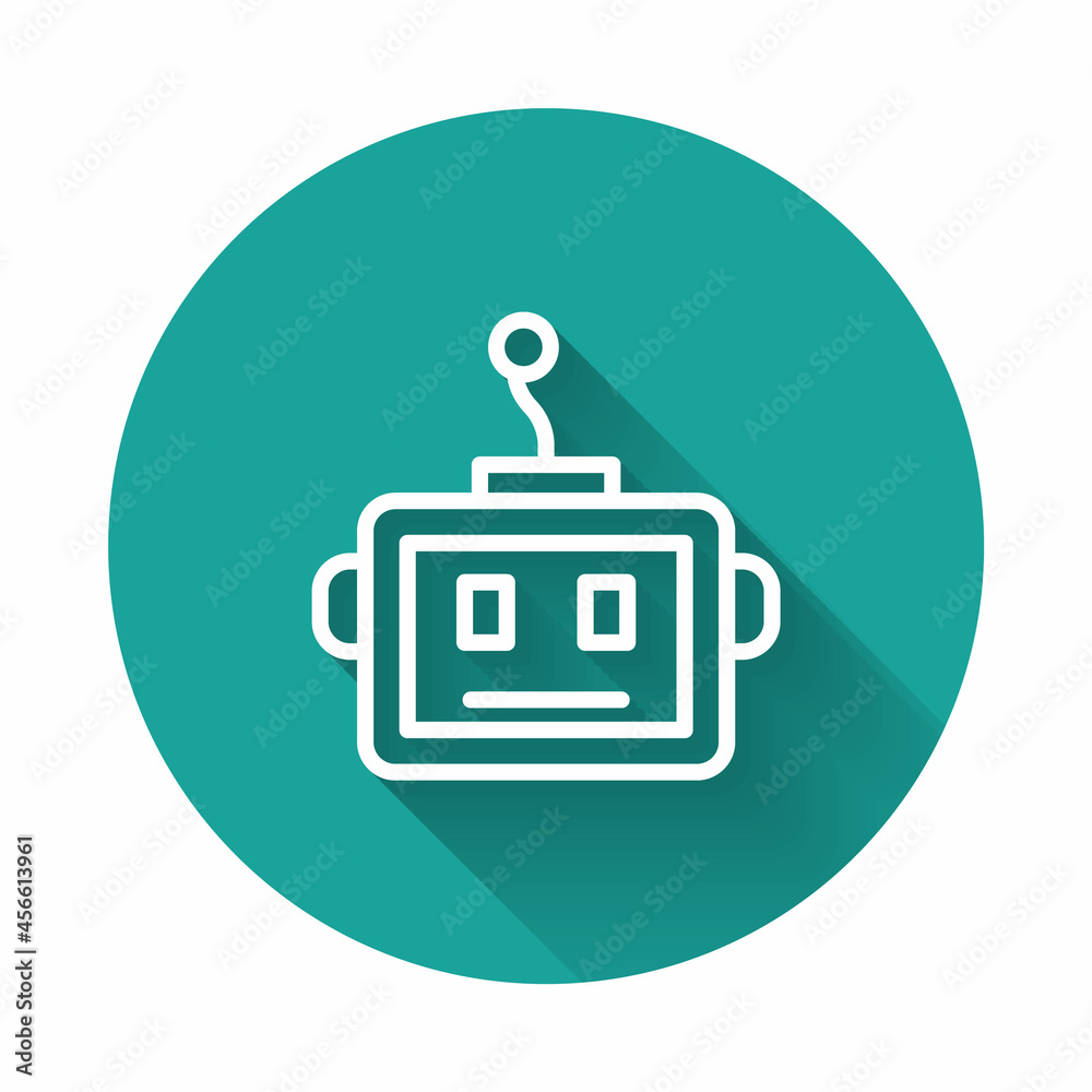 Naklejka premium White line Artificial intelligence robot icon isolated with long shadow background. Machine learning, cloud computing. Green circle button. Vector