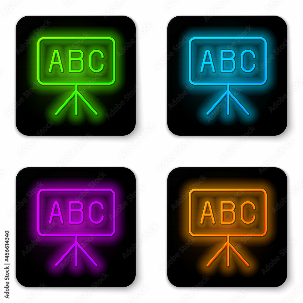 Glowing neon line Chalkboard icon isolated on white background. School Blackboard sign. Black square button. Vector