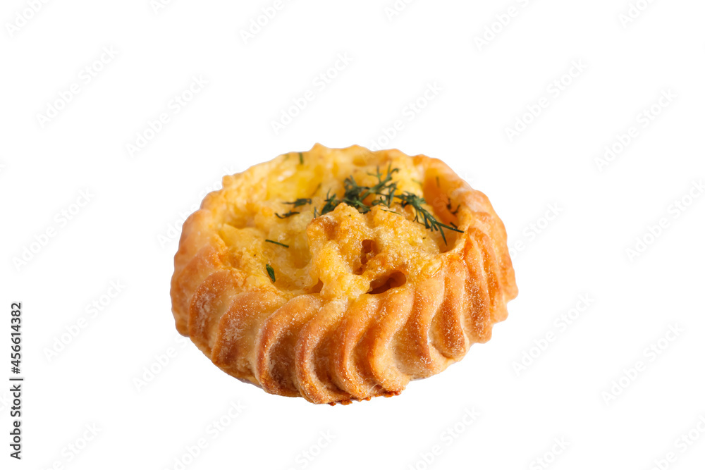 Delicious fresh muffin with vegetables and cheese isolated on white background. Healthy food and diet concept. Delicious fresh muffin with vegetables and cheese isolated on white background. Healthy food and diet concept.