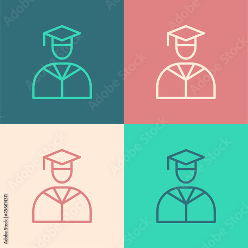 Pop art line Graduate and graduation cap icon isolated on color background. Vector