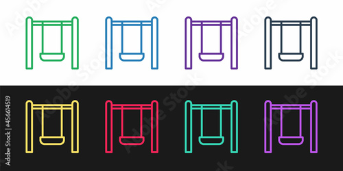 Set line Swing for kids summer games on playground icon isolated on black and white background. Outdoor entertainment equipment. Vector