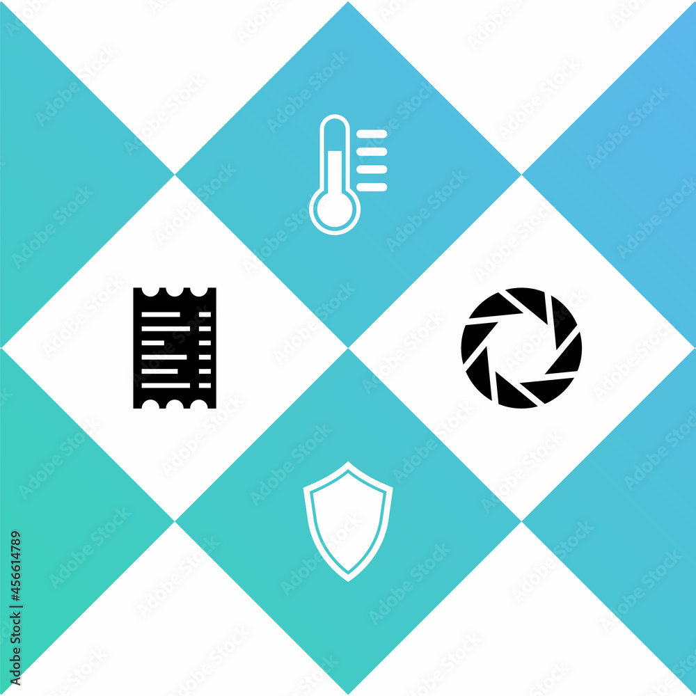 Set Paper or financial check, Shield, Thermometer and Camera shutter icon. Vector