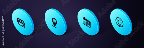 Set Isometric Social network, Calendar, Cash location pin and Credit card icon. Vector