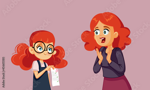 Happy Mother Congratulating Daughter for Good Grades Vector Cartoon