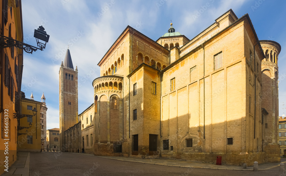 Image of Baptistery and Cathedral of Parma in Italy outdoors.