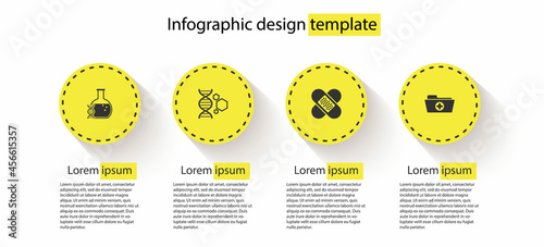 Set DNA research, search, Genetic engineering, Crossed bandage plaster and Health record folder. Business infographic template. Vector