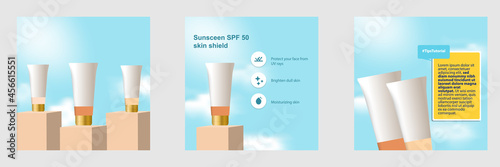 Minimal modern beauty fashion cosmetic social media square post banner in blue color. Suitable for product knowledge, display, price, catalog tips template with sky cloud elements