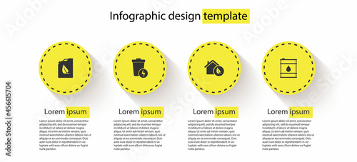 Set Bio fuel canister, Lightning with trash, Eco friendly house and Oil barrel. Business infographic template. Vector