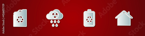 Set Eco fuel canister, Acid rain and radioactive cloud, Battery with recycle and House icon. Vector