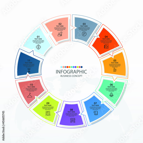 Basic circle infographic template with 11 steps, process or options, process chart, Used for process diagram, presentations, workflow layout, flow chart, infograph. Vector eps10 illustration.