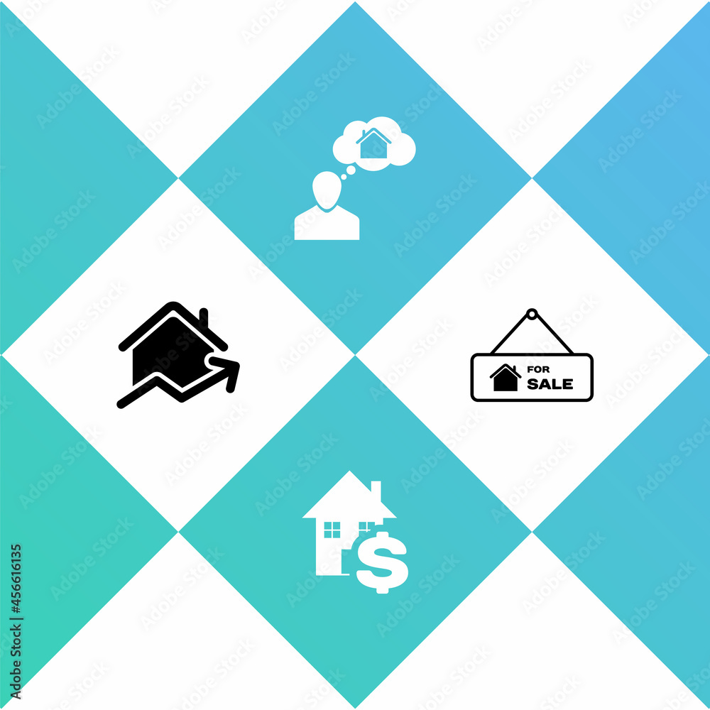 Set Rising cost of housing, House with dollar, Man dreaming about buying house and Hanging sign For Sale icon. Vector Set Rising cost of housing, House with dollar, Man dreaming about buying house and Hanging sign For Sale icon. Vector