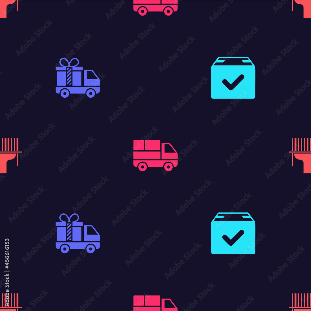 Set Package box with check mark, Delivery truck gift, boxes and Scanner scanning bar code on seamless pattern. Vector