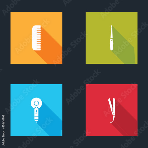 Set Hairbrush, Nail file, dryer and Curling iron icon. Vector