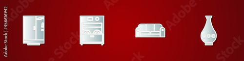 Set Shower cabin, Kitchen dishwasher machine, Sofa and Vase icon. Vector