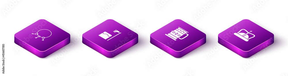 Set Isometric Old keys, Executioner axe in tree block, Wooden mug and King crown icon. Vector Set Isometric Old keys, Executioner axe in tree block, Wooden mug and King crown icon. Vector