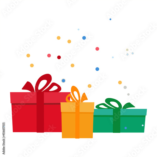 Set of bright holiday gifts in a flat style. Unexpected surprise in colorful boxes. Three gifts for the family with confetti. Birthday with a bouquet of gifts. Isolated vector, flat design. Close up.