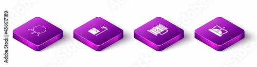 Set Isometric Old keys, Executioner axe in tree block, Wooden mug and King crown icon. Vector