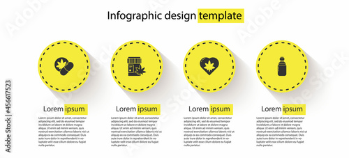 Set Herbal ecstasy tablets, Medical bottle with marijuana, Marijuana leaf in heart and or cannabis olive oil. Business infographic template. Vector