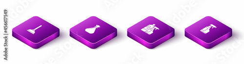 Set Isometric Rubber plunger, Garbage bag, Bottles for cleaning agent and Spray bottle with detergent liquid icon. Vector