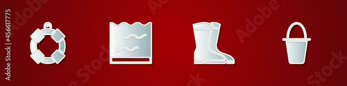 Set Lifebuoy, Aquarium, Fishing boots and bucket icon. Vector
