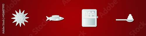 Set Sea urchin, Fish, Canned fish and Caviar on spoon icon. Vector