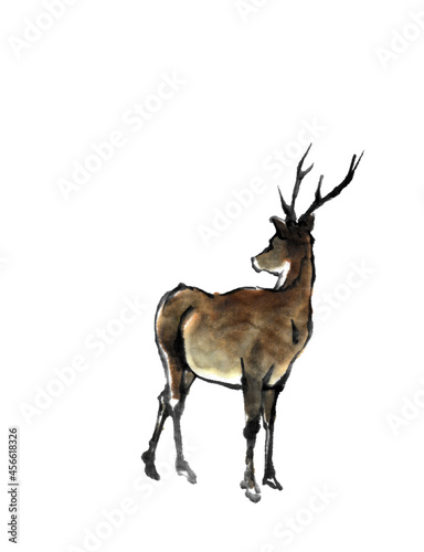 水墨画技法で描かれたふりむく鹿