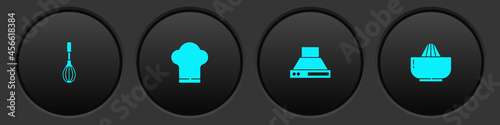 Set Kitchen whisk, Chef hat, extractor fan and Citrus fruit juicer icon. Vector