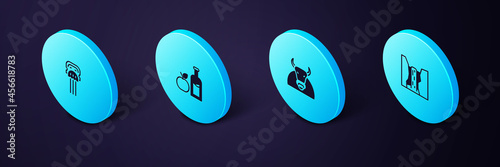 Set Isometric Algar waterfall, Bull, Apple cider bottle and Peineta icon. Vector