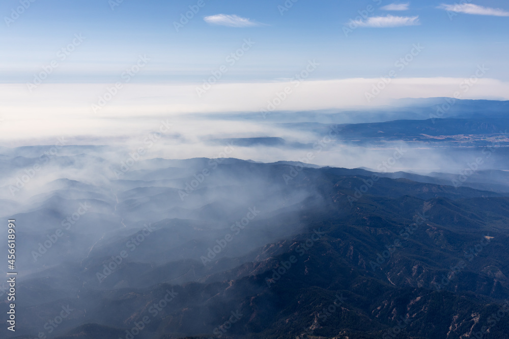 Aerial view of wildfire smoke in Cascade Mountains, Washington, USA