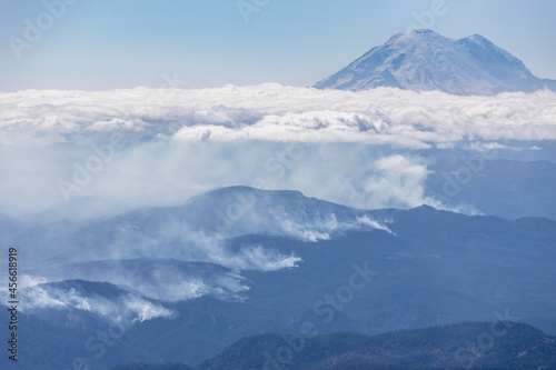 Aerial view of wildfire near Mount Rainier, Washington, USA 