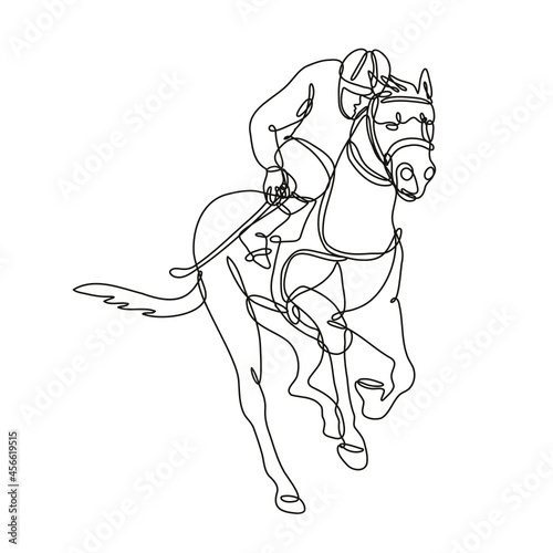 Continuous line drawing illustration of a jockey and horse racing front view inside circle done in mono line or doodle style in black and white on isolated background. 