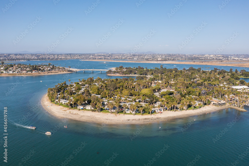 Paradise Point with boats in blue water, Mission Bay San Diego