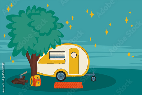 Night illustration of a camping van on vacation. A vehicle for a roadside house among the trees. Camping car-caravan among the trees. The concept of a holiday trip in a trailer. Vector illustration