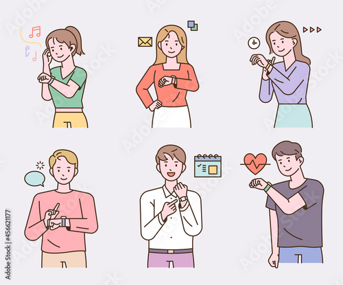 People wearing smart watches and using different apps. flat design style vector illustration.