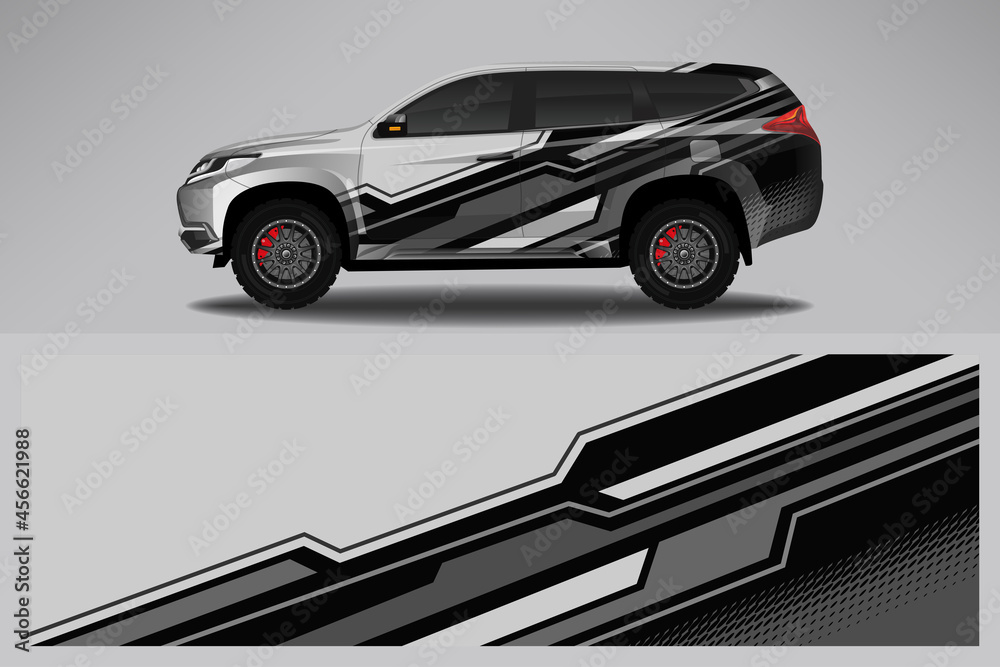 Fototapeta premium Wrap car vector design decal. Graphic abstract line racing background design for vehicle, race car, rally, adventure livery camouflage.