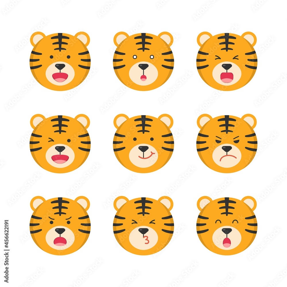 9 kinds of tiger cartoon comic characters or mascots, multiple expressions, isolated on white background