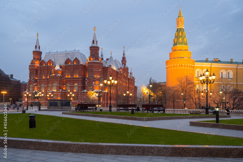 Moscow evening. Autumn Russia. Manezhnaya Square in Moscow. Capital of Russia in winter evening. Moscow architecture. Kremlin walls. Russian architecture. Museums of Russian Federation