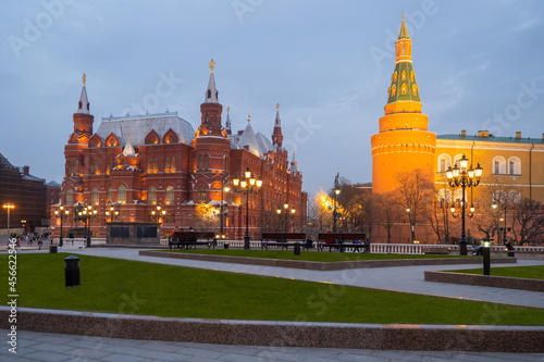 Moscow evening. Autumn Russia. Manezhnaya Square in Moscow. Capital of Russia in winter evening. Moscow architecture. Kremlin walls. Russian architecture. Museums of Russian Federation