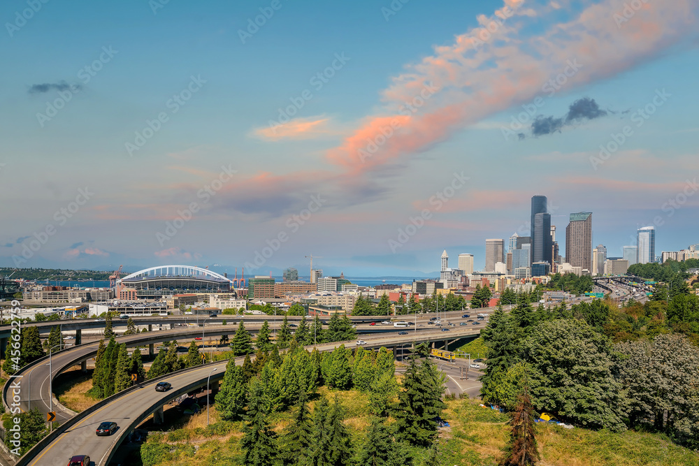 Seattle city downtown skyline cityscape of Washington state in USA