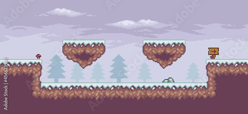 Pixel art game scene in snow with floating platform, board, pine trees and clouds 8bit background
