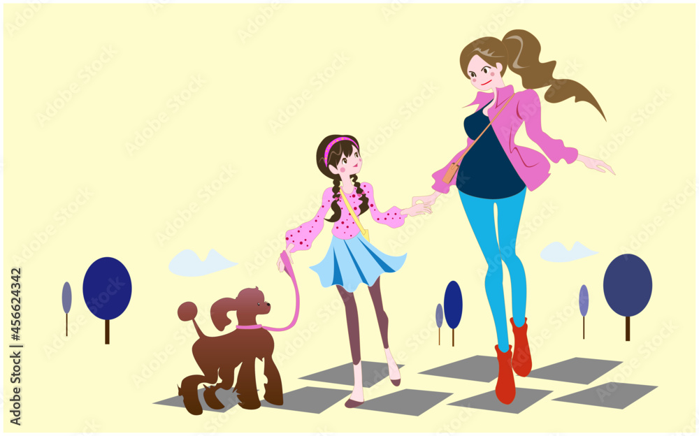犬の散歩をしている母と娘 犬の散歩をしている母と娘