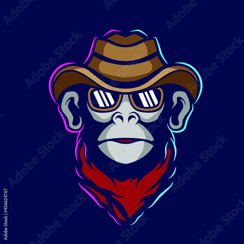 Cowboy funky monkey Line. Pop Art logo. Colorful design with dark background. Abstract vector illustration. 