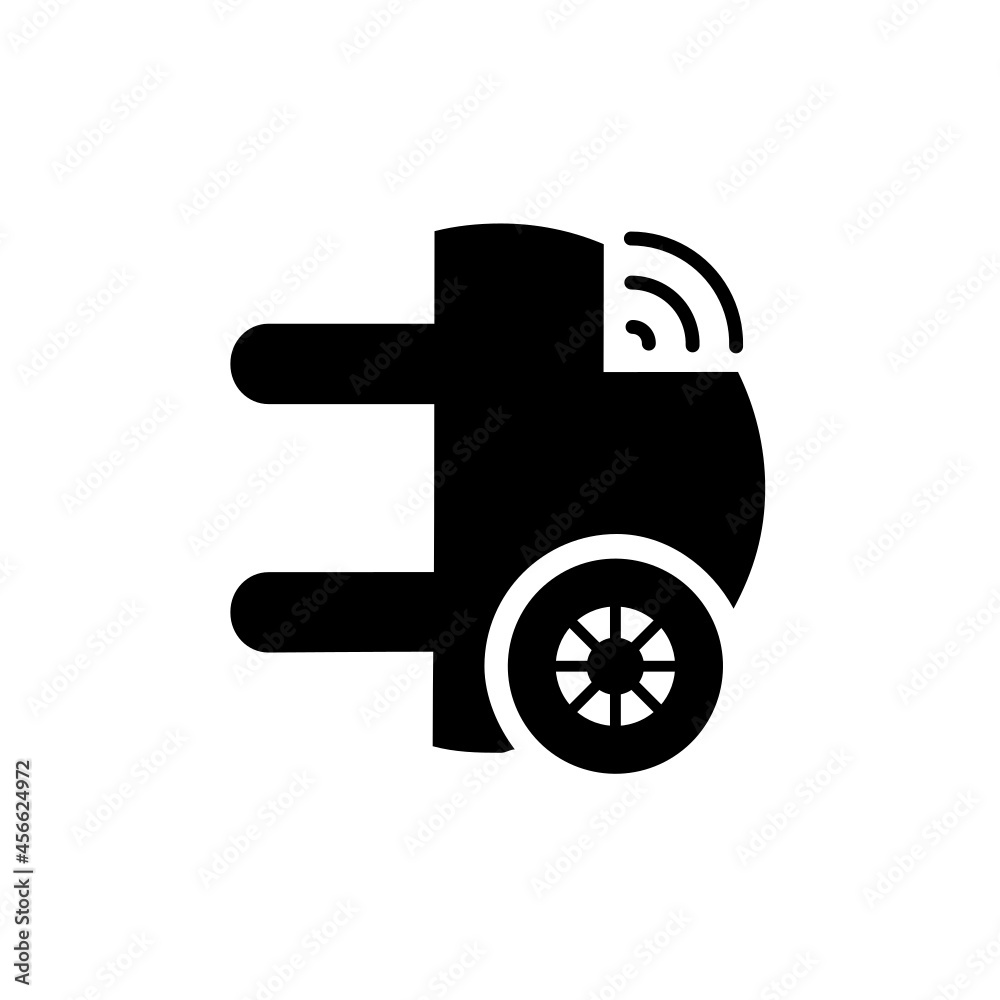 Autonomous electric car vehicle. Wireless charging and modern unique automobile engineering technology. Black and white vector icon.Electric socket,car wheel with wifi icon represents symbolic design Autonomous electric car vehicle. Wireless charging and modern unique automobile engineering technology. Black and white vector icon.Electric socket,car wheel with wifi icon represents symbolic design